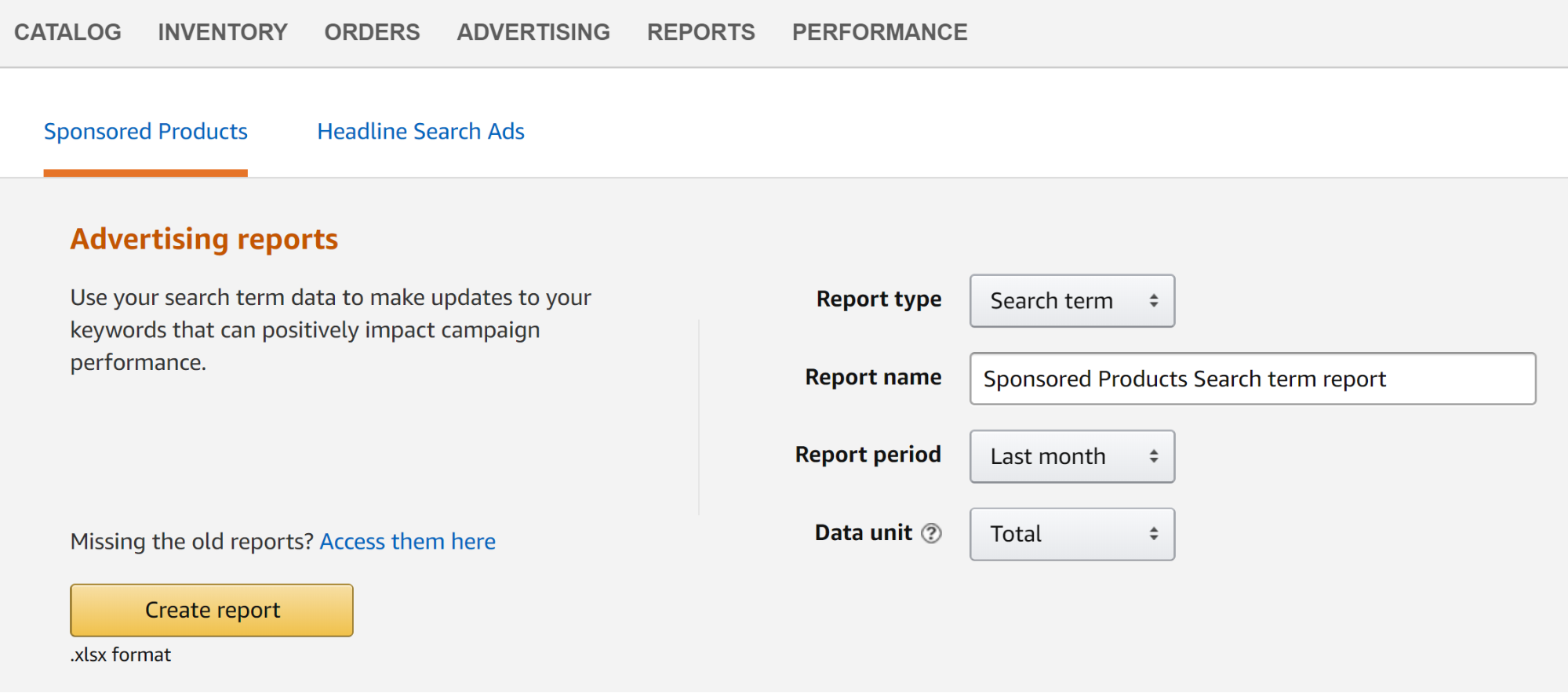 Screenshot showing "create report" page on amazon