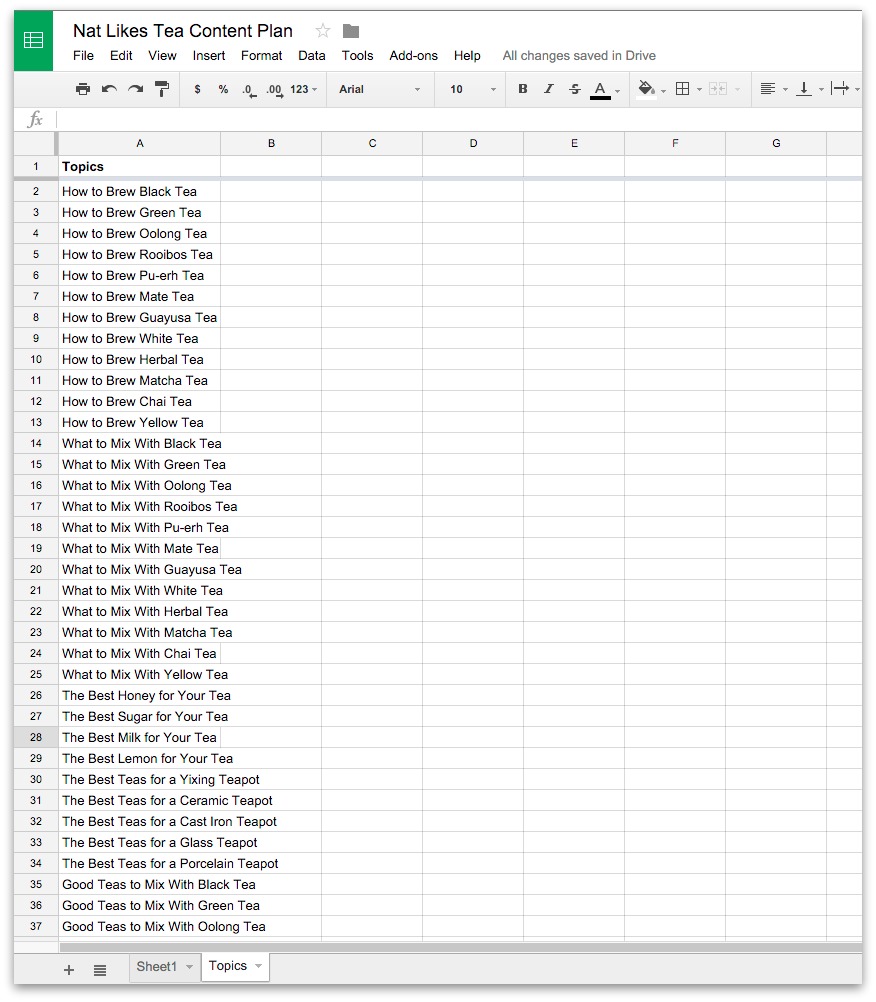 Screenshot showing possible topics on a google spreadsheet