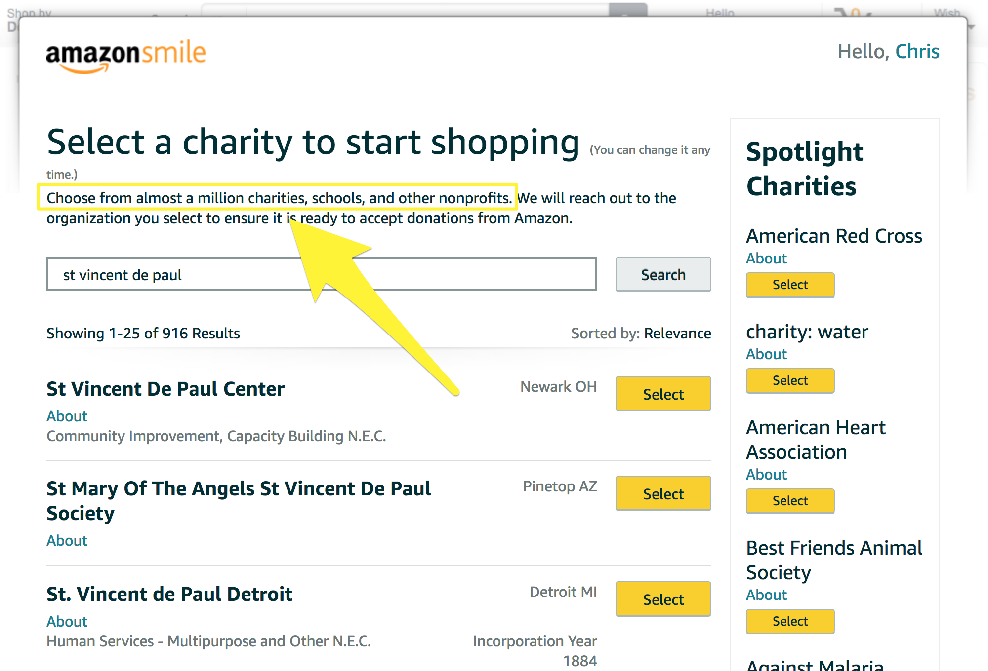 Screenshot showing the charity options on amazon