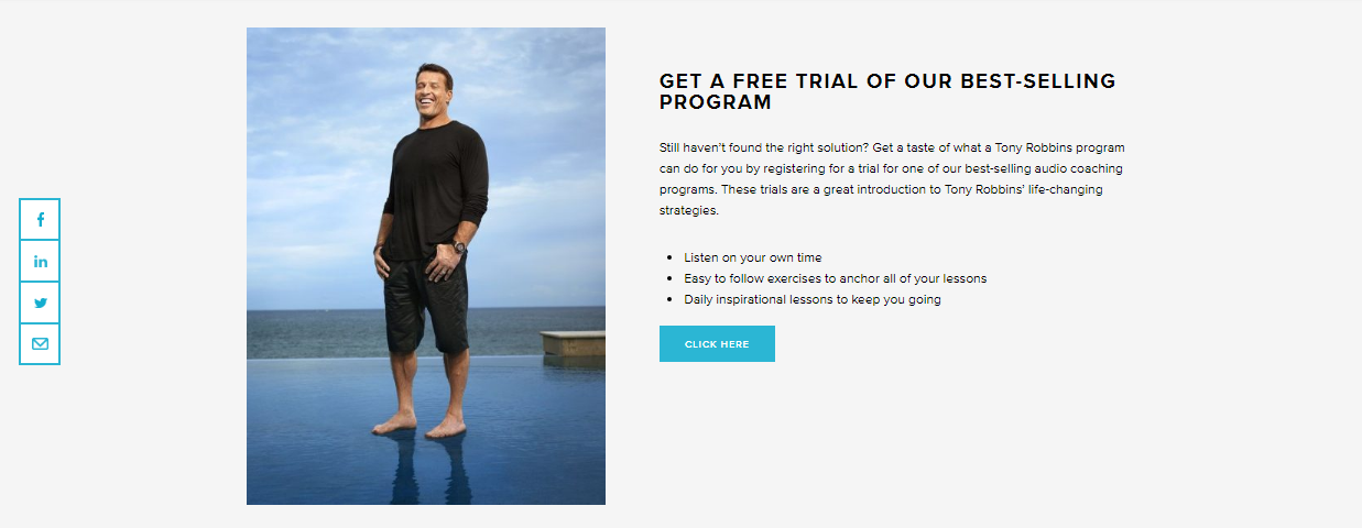 Screenshot of a trial CTA on Tony Robbins