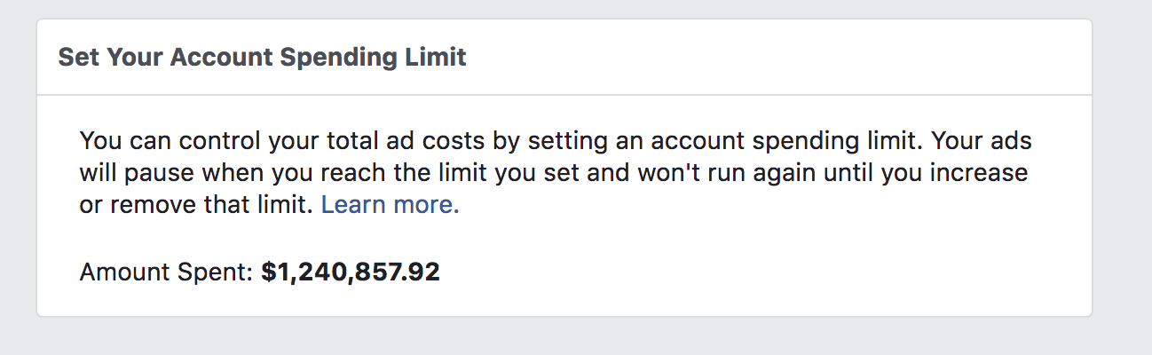 Screenshot showing the "set your spending limit" page on the Facebook Ads dashboard