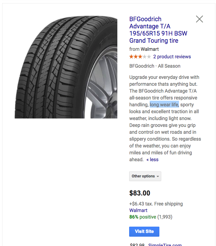 Screenshot showing a tire product page