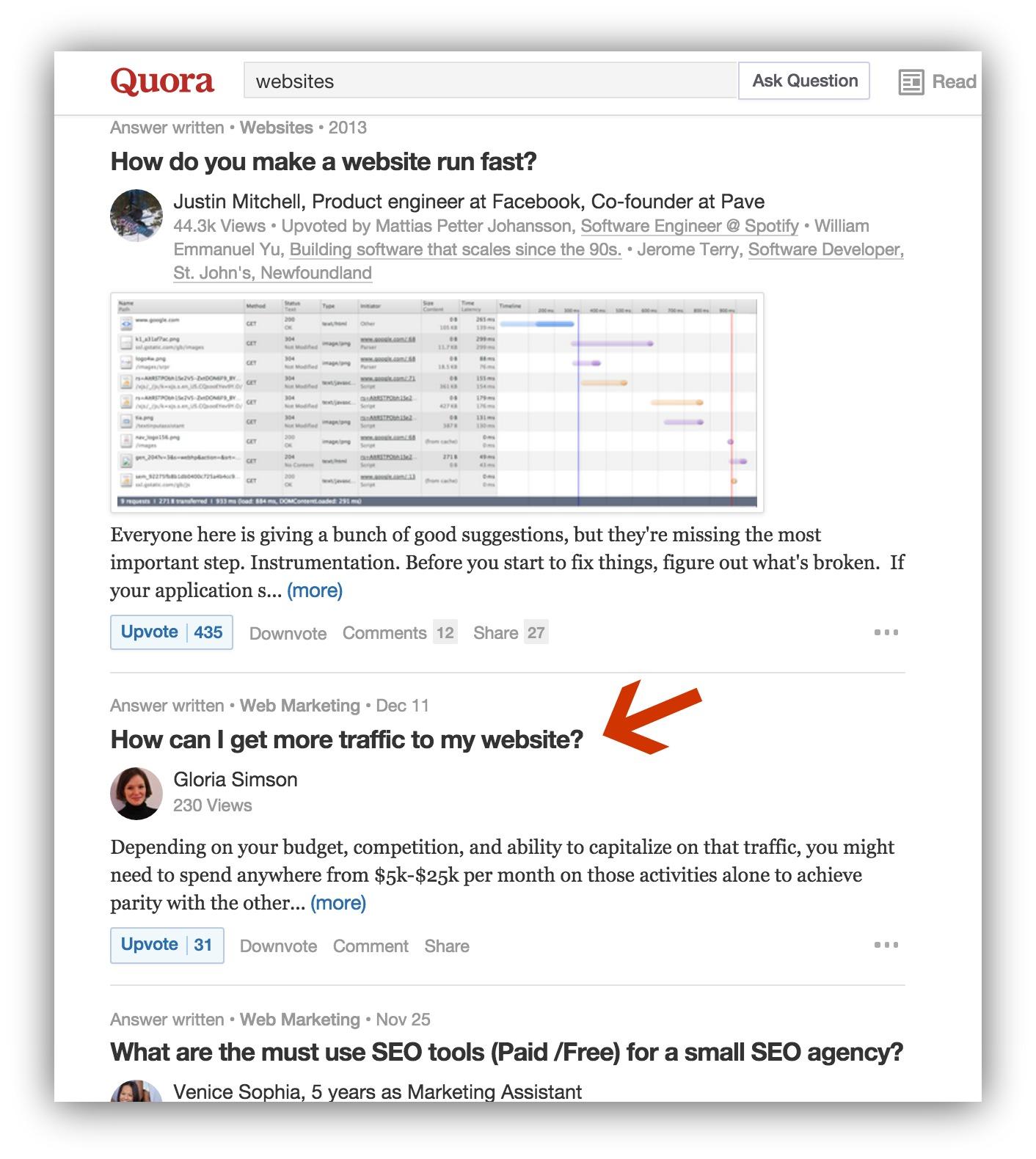 Screenshot showing questions on Quora, and a question about getting traffic