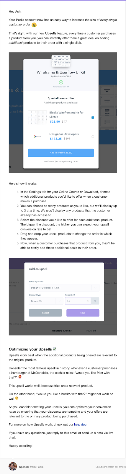 Screenshot of product update emails from Podia