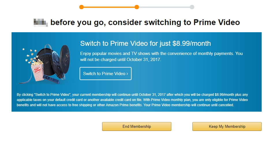 Screenshot showing the page you see when you try to cancel amazon prime