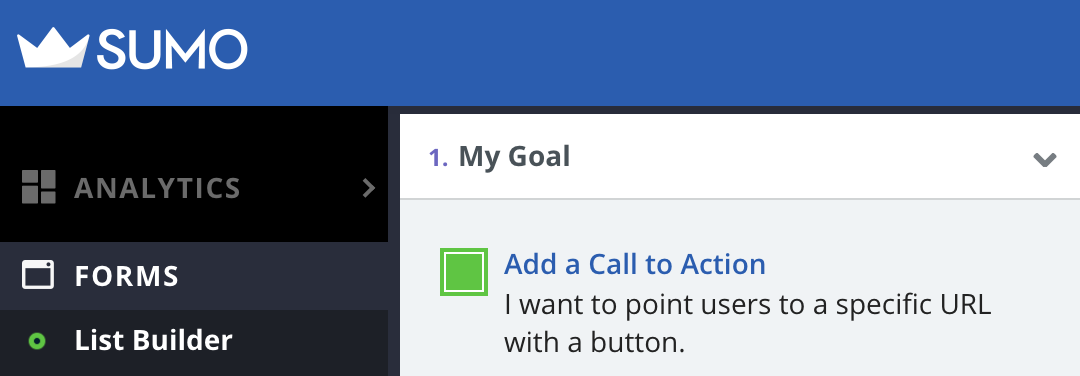 Screenshot showing goal settings for a Sumo popup