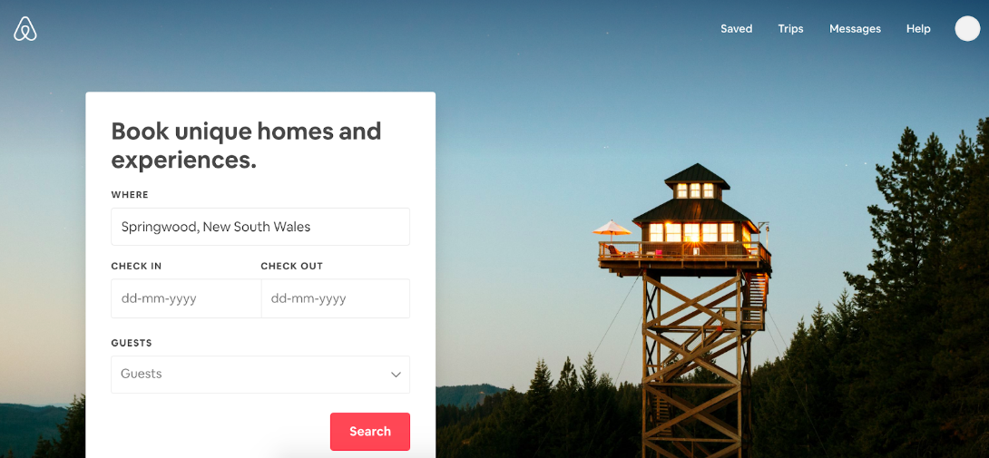 Screenshot showing Airbnb homepage