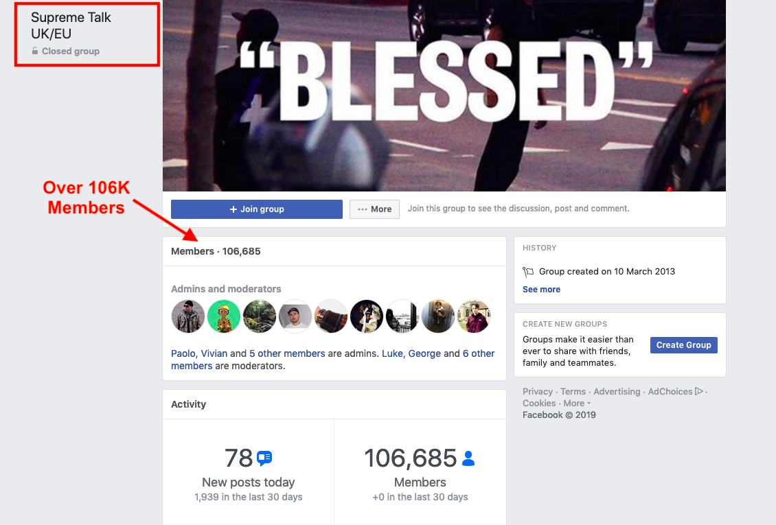 Screenshot showing Supreme FB group and its users