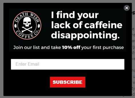 Screenshot of Death Wish Coffee pop-up