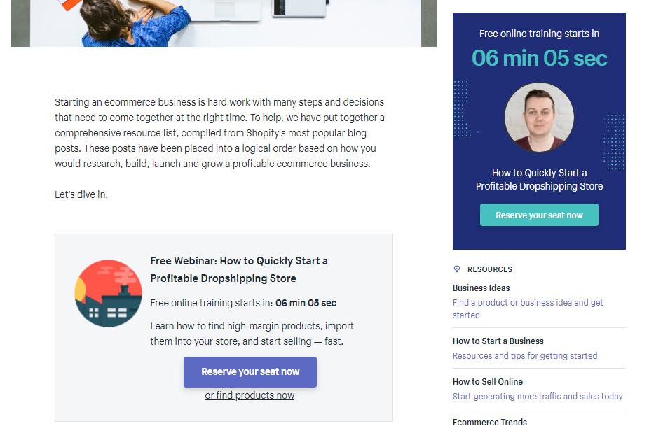 Screenshot showing a countdown and a landing page for a webinar on shopify