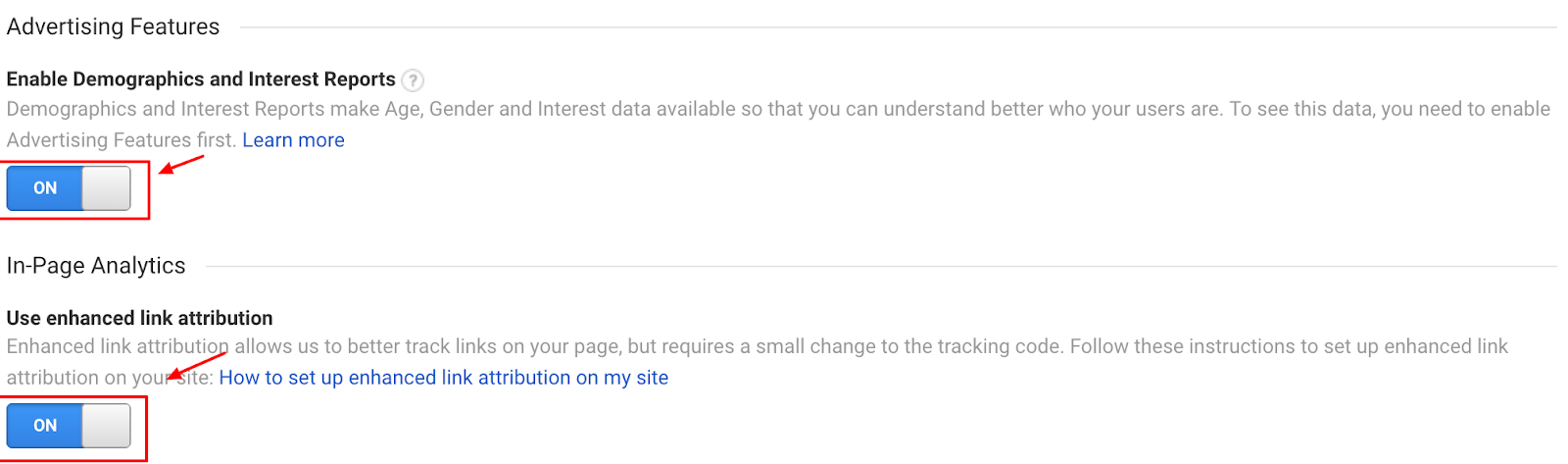 Screenshot showing a settings page on the Google Analytics dashboard