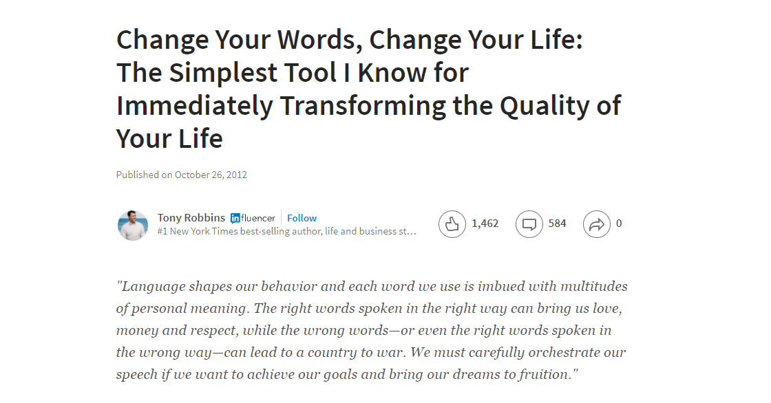 Screenshot of a short article on Tony Robbins