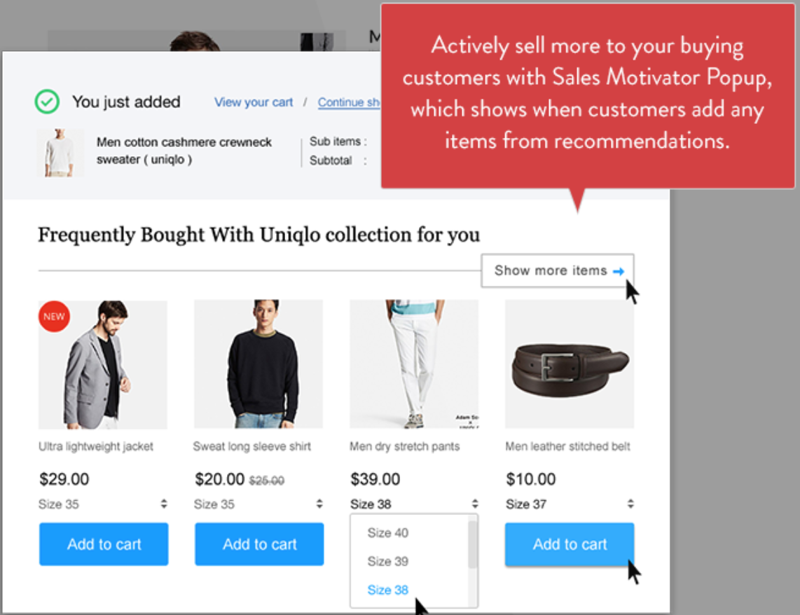 Screenshot showing how to use the sales motivator popup