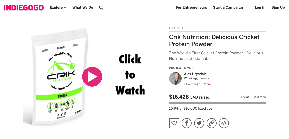 Screenshot showing CRIK Nutrition Indiegogo page