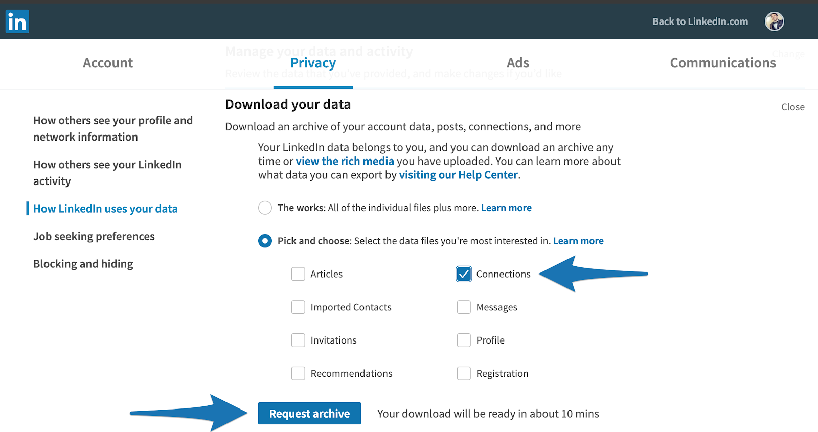 Screenshot showing LinkedIn contact export settings