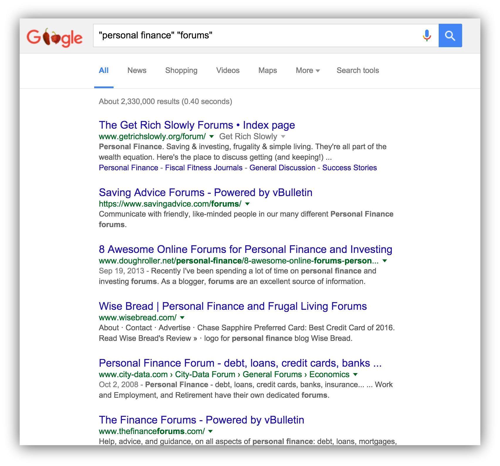 Screenshot of google search results for "personal finance forums"