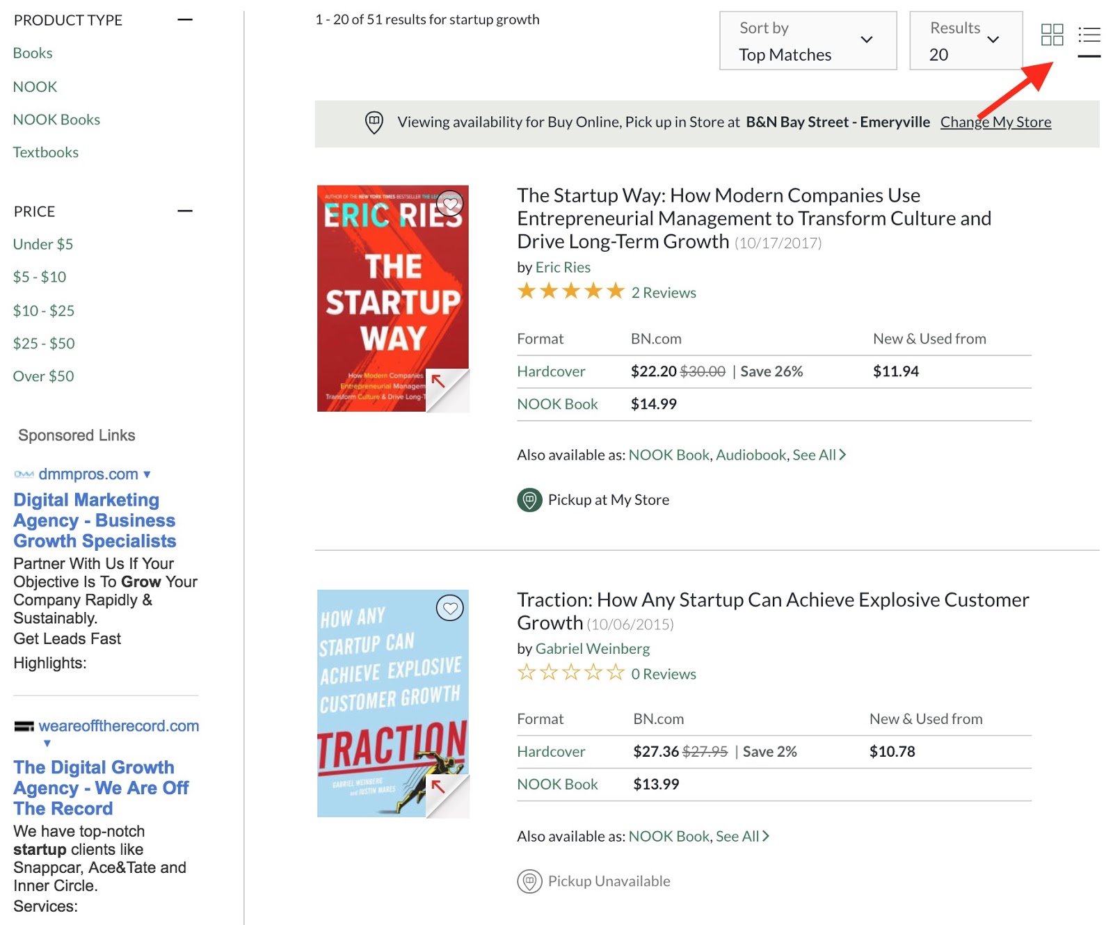 Screenshot showing results on a bookstore