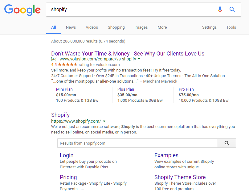Google search results for "shopify"