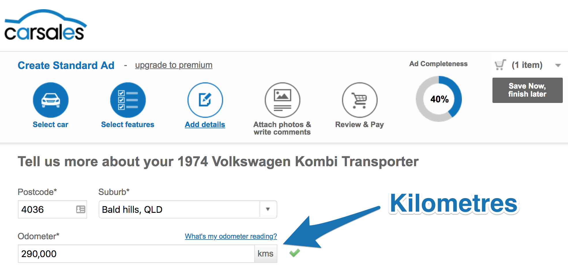 Screenshot showing the add information page on carsales