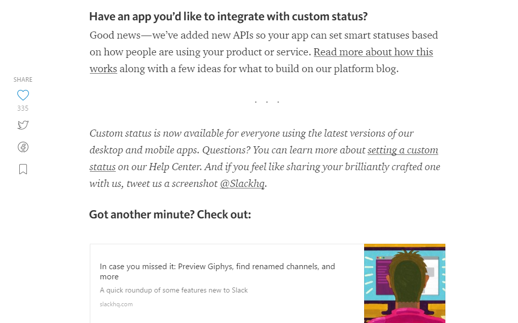 Screenshot of a blog post by slack, showing how users can get custom extensions into the Slack app directory