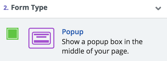Screenshot showing form type options for a sumo popup