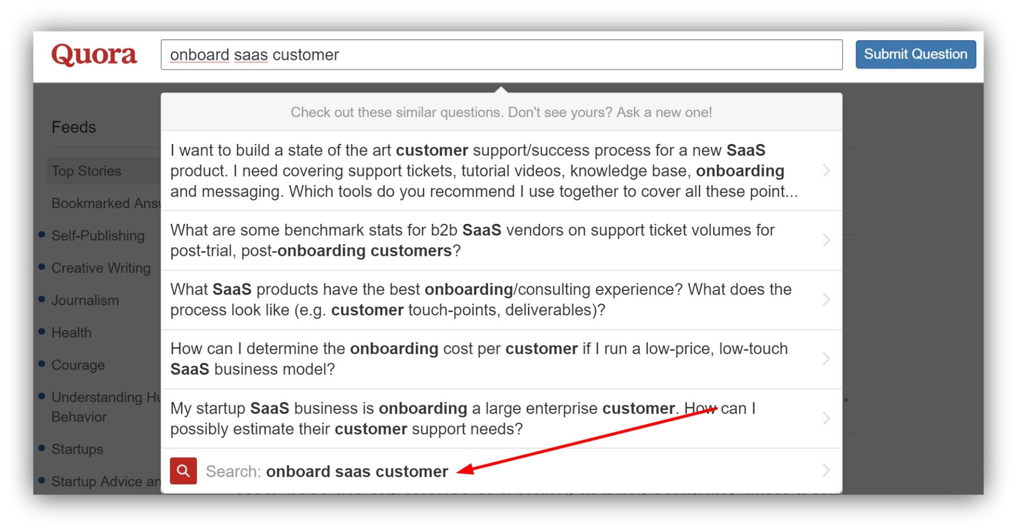Screenshot showing a quora search for "onboard saas customer"