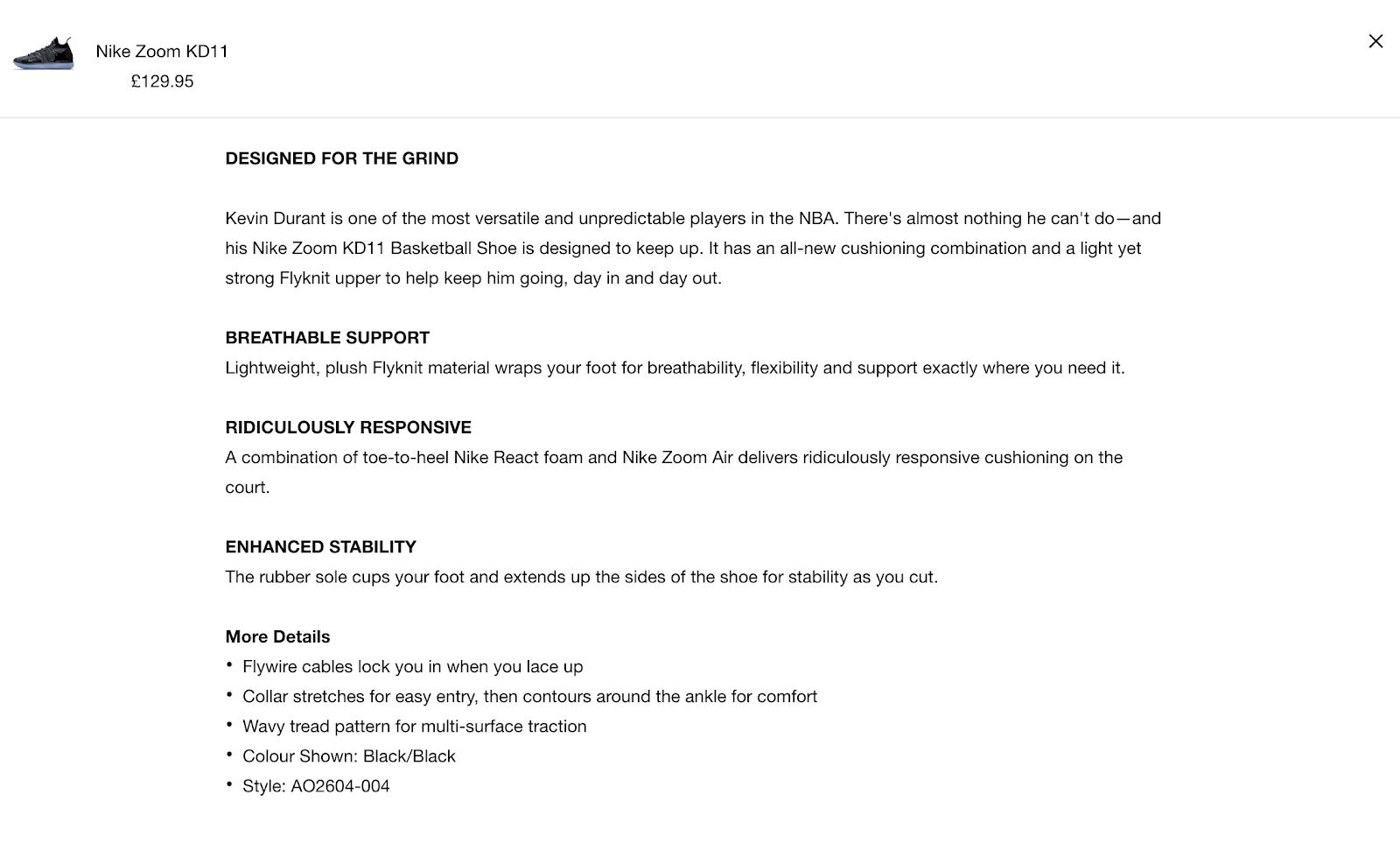 Screenshot showing product description for Nike shoes