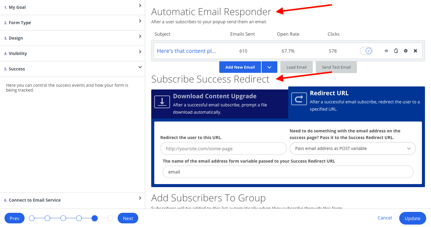 Screenshot of steps to deliver content upgrade in Sumo