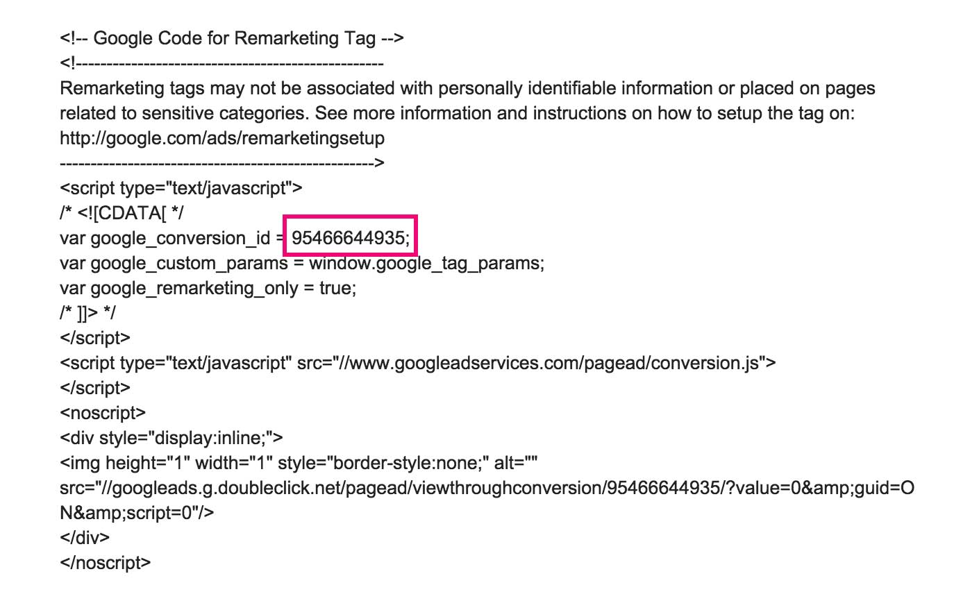 Screenshot showing google remarketing tag information