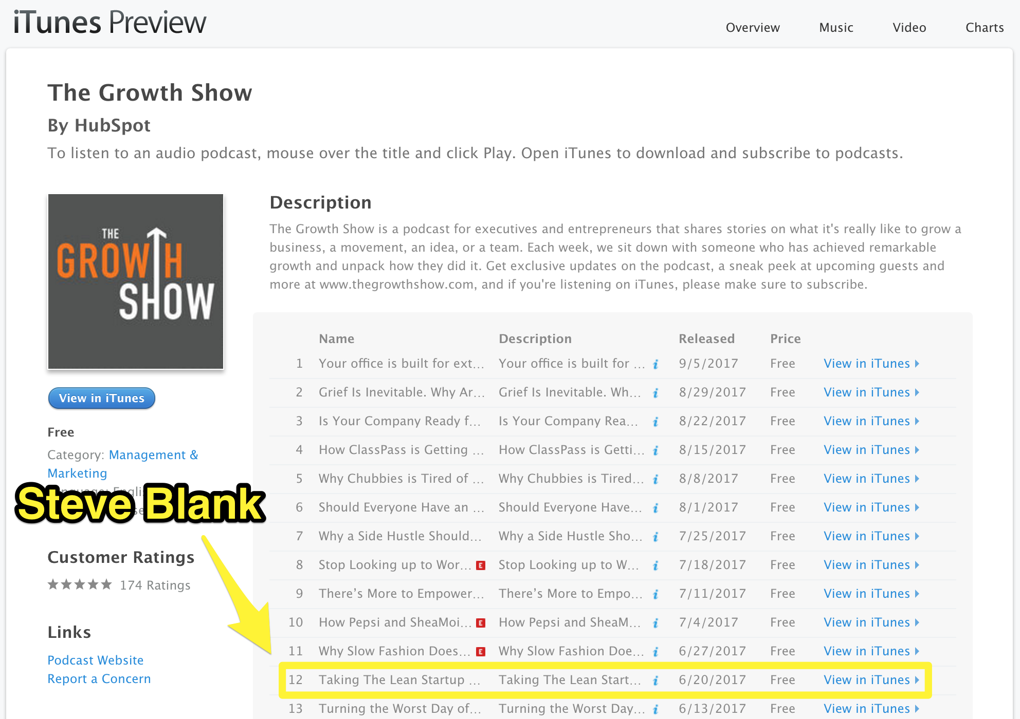 Screenshot showing itunes podcast info for a hubspot podcast