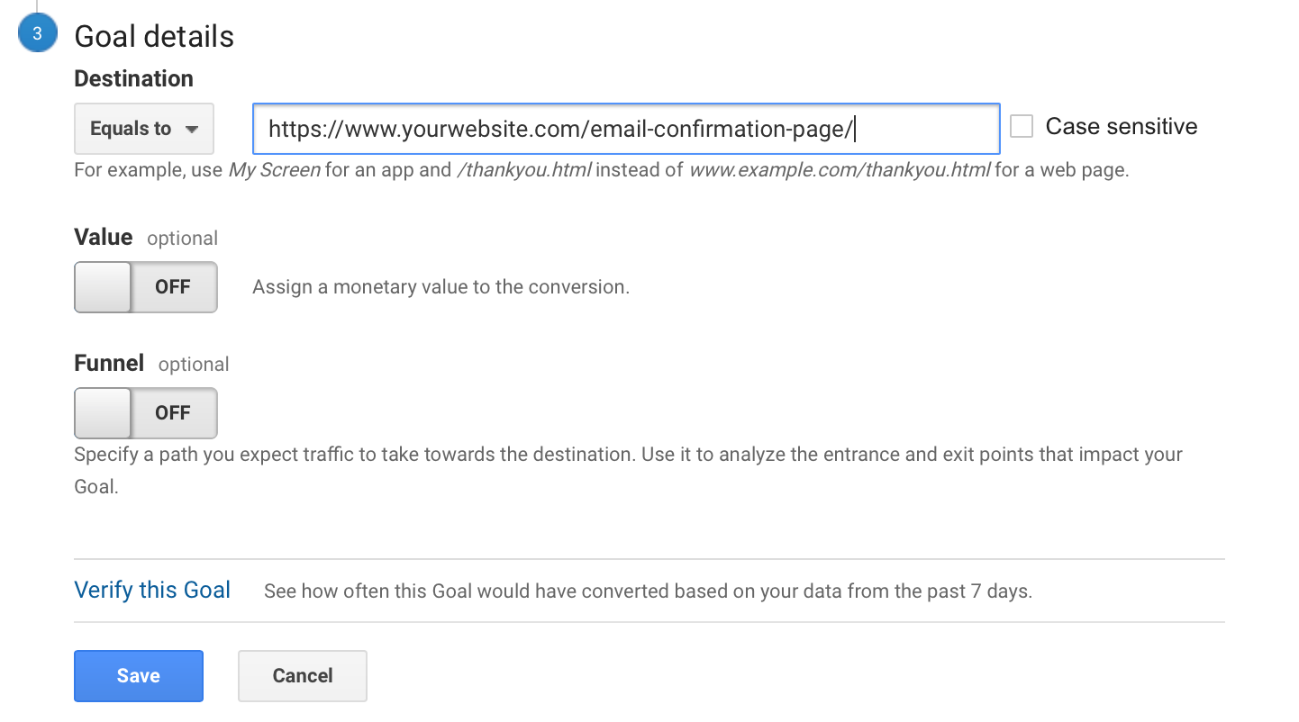 Guild for set up a lead capture goal in google analytics -goal details save