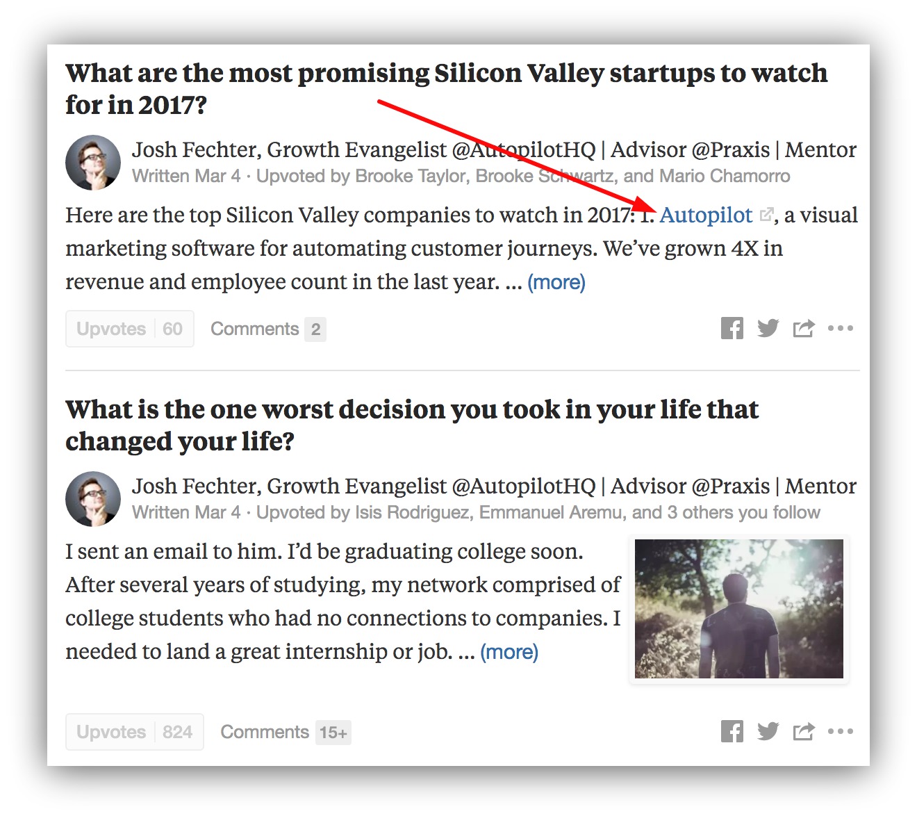 Screenshot showing a link on an answer by Josh Fechter on Quora