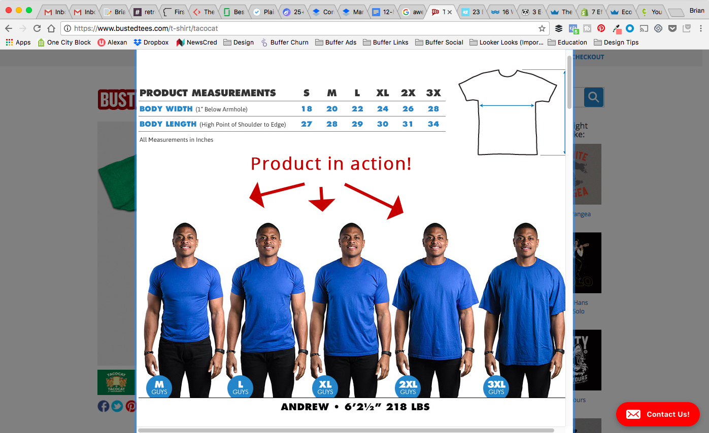 Screenshot showing information about tshirts