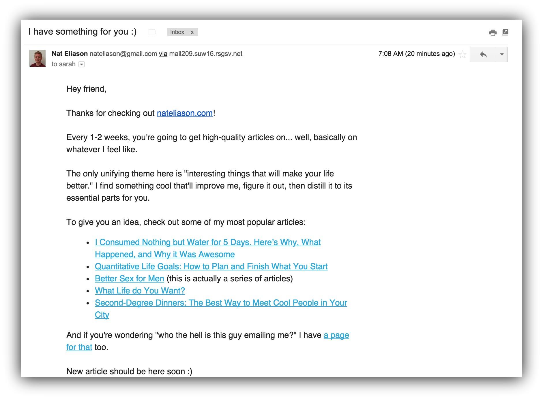 Screenshot of an email sent by Nat Eliason