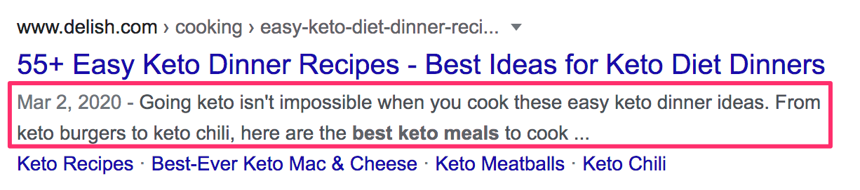 Screenshot meta description of 55+ Easy Keto Dinner Recipes - Best Ideas for Keto Diet Dinners