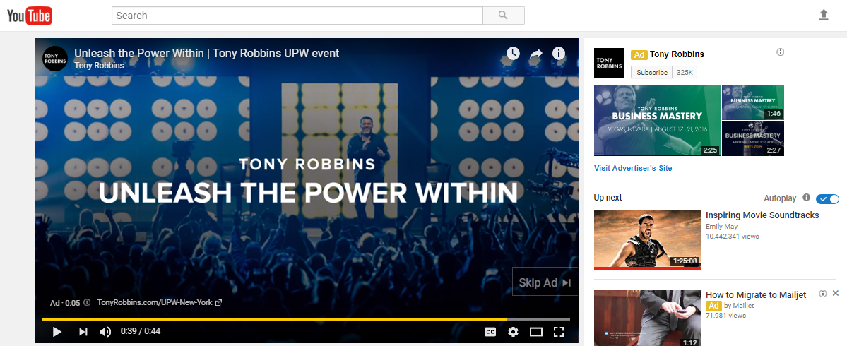 Screenshot of A Tony Robbins video, saying "Unleash The Power Within"