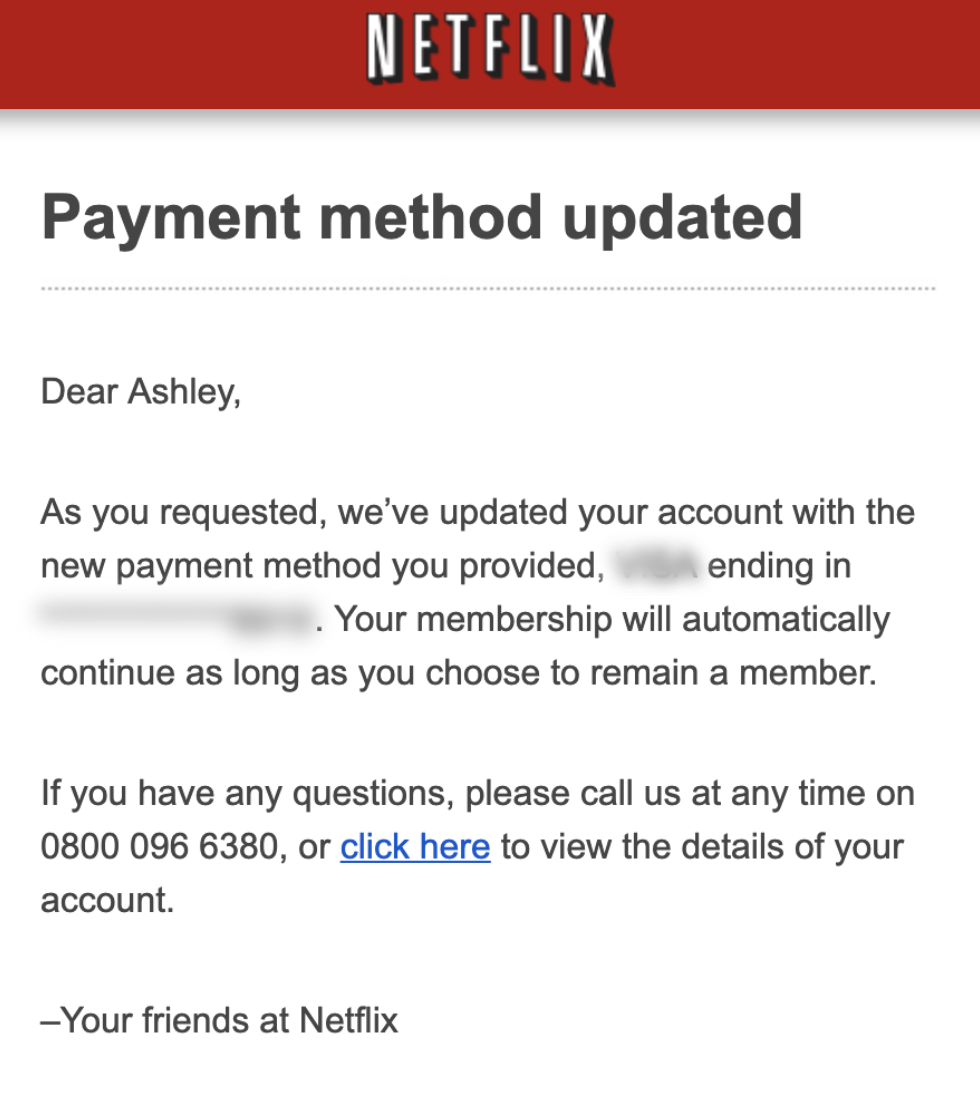 Screenshot of email from Netflix