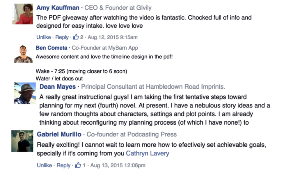 Screenshot showing testimonials on Facebook