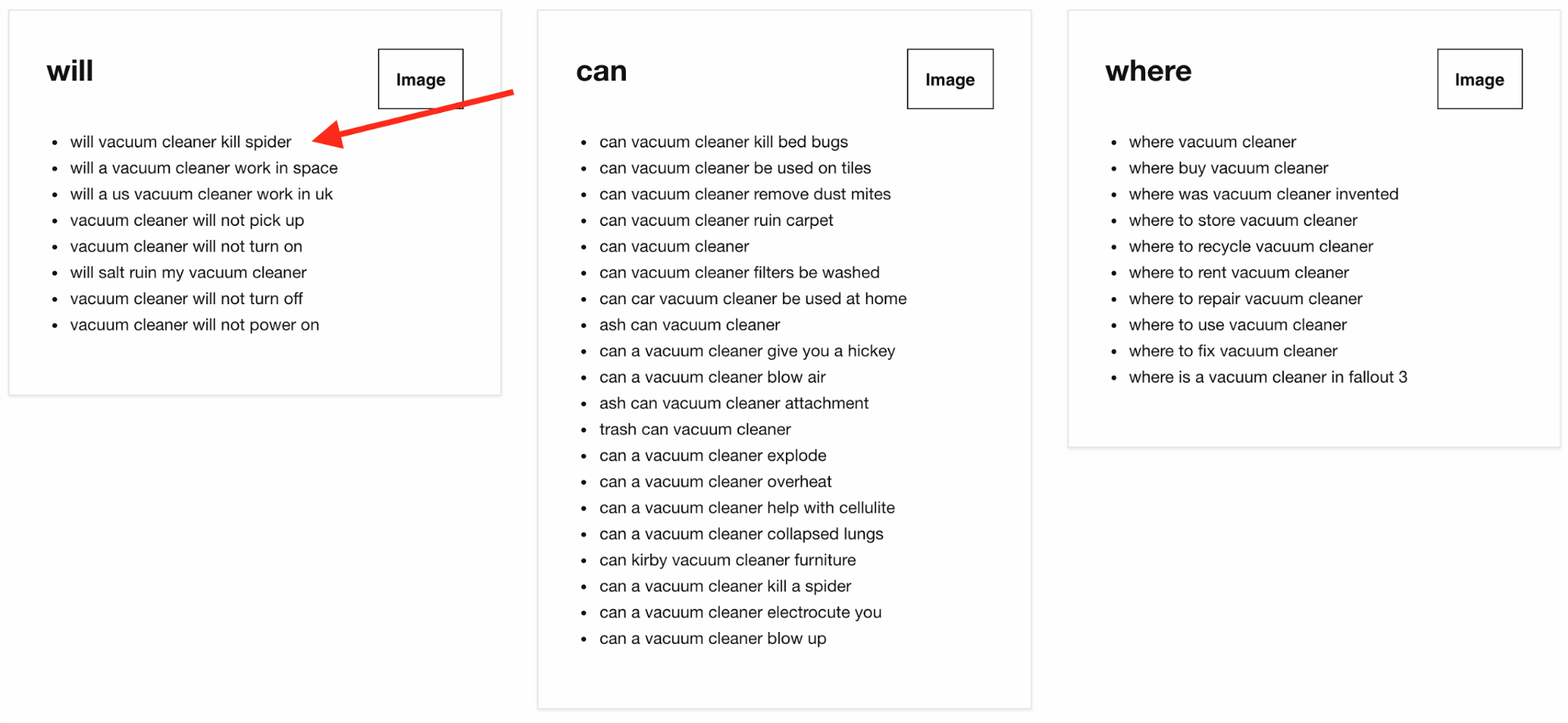 Screenshot showing search keyword ideas