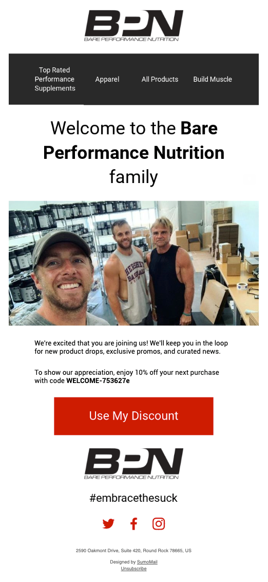 Screenshot of Bare Performance Nutrition Welcome Email