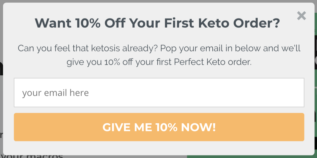 Screenshot of a Sumo email capture form used by Perfect Keto that offers a 10% discount