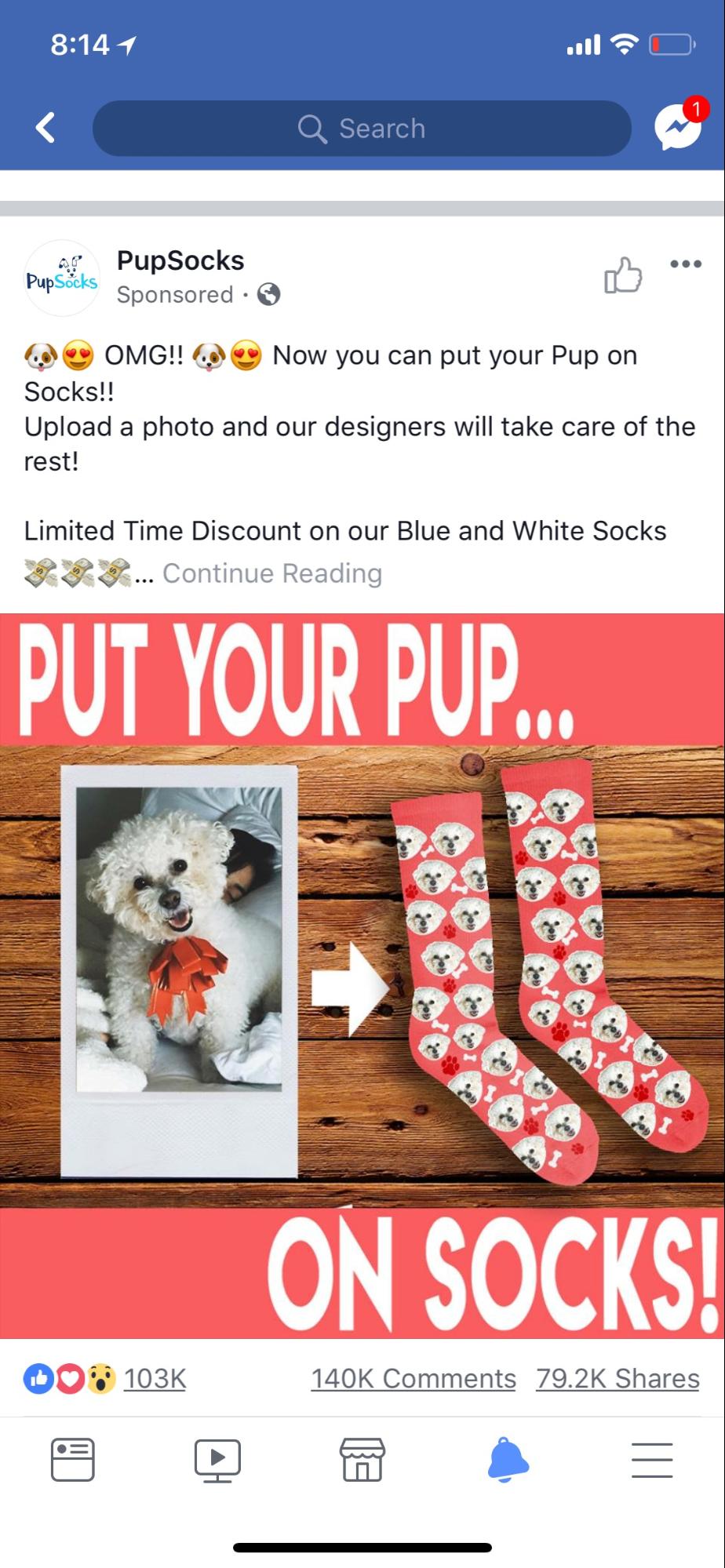 Screenshot of how an ad by iHeartDogs looks on Facebook