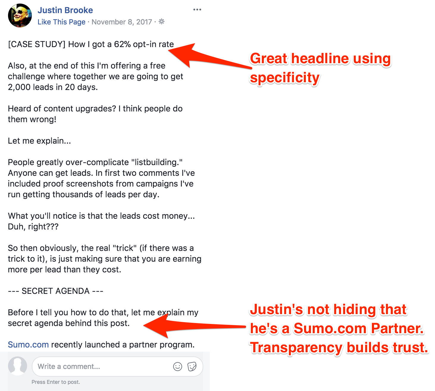 Screenshot showing a facebook post