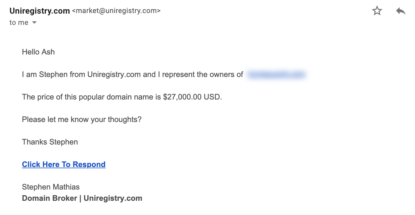 Screenshot of email from Uniregistry