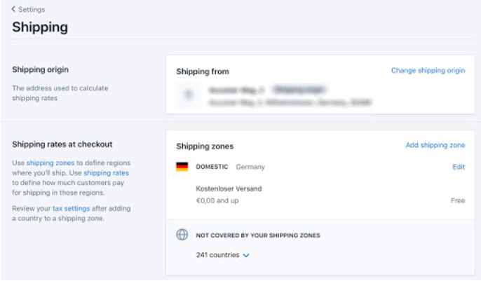 Screenshot showing Shopify shipping settings