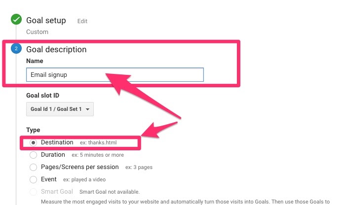 Google Analytics Goal Description