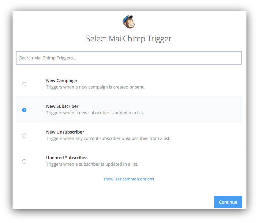 Screenshot showing the "select trigger" menu on the mailchimp dashboard