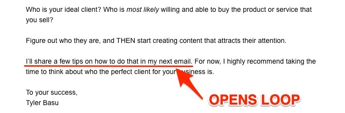 Screenshot of an example of how to open a loop at the end of an email