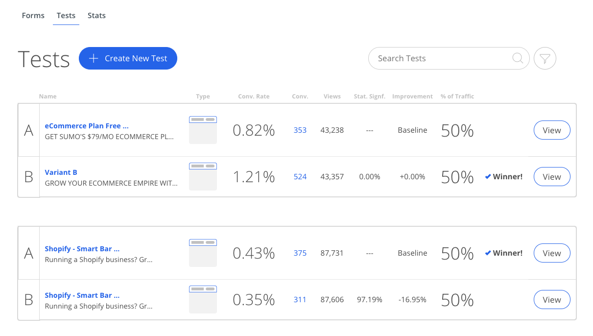 Screenshot showing a/b test of Sumo forms