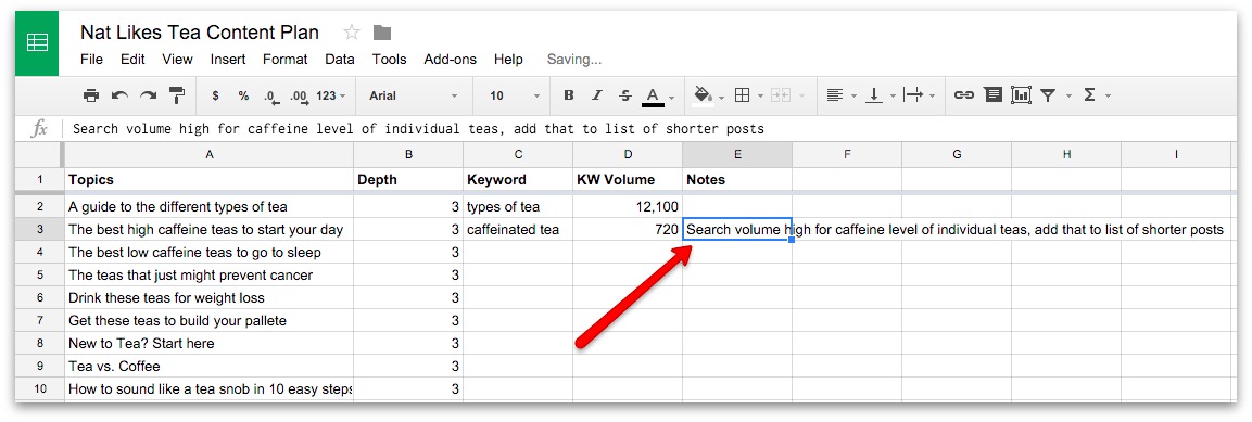 Screenshot showing search volume on a google spreadsheet